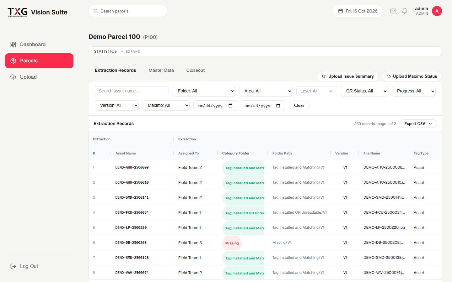 TXG Vision Suite extraction records