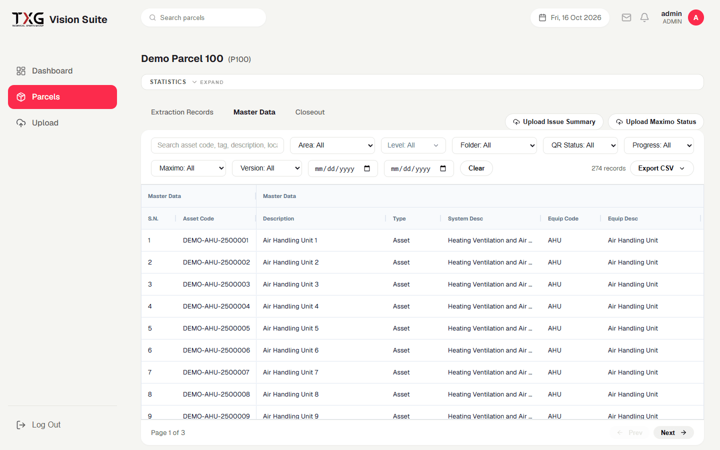 TXG Vision Suite master data