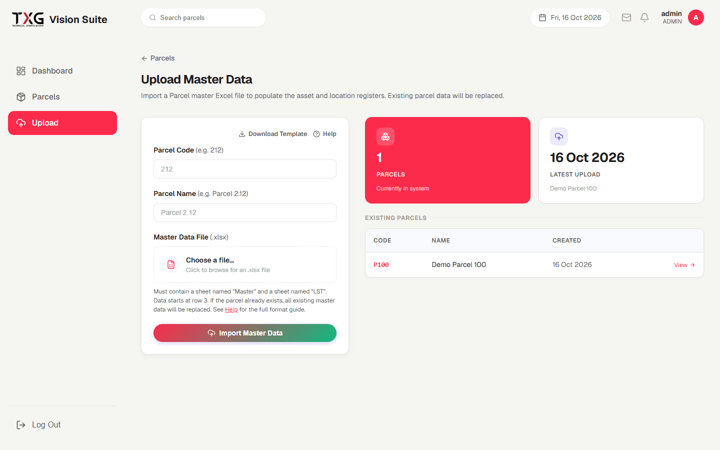 TXG Vision Suite master data upload