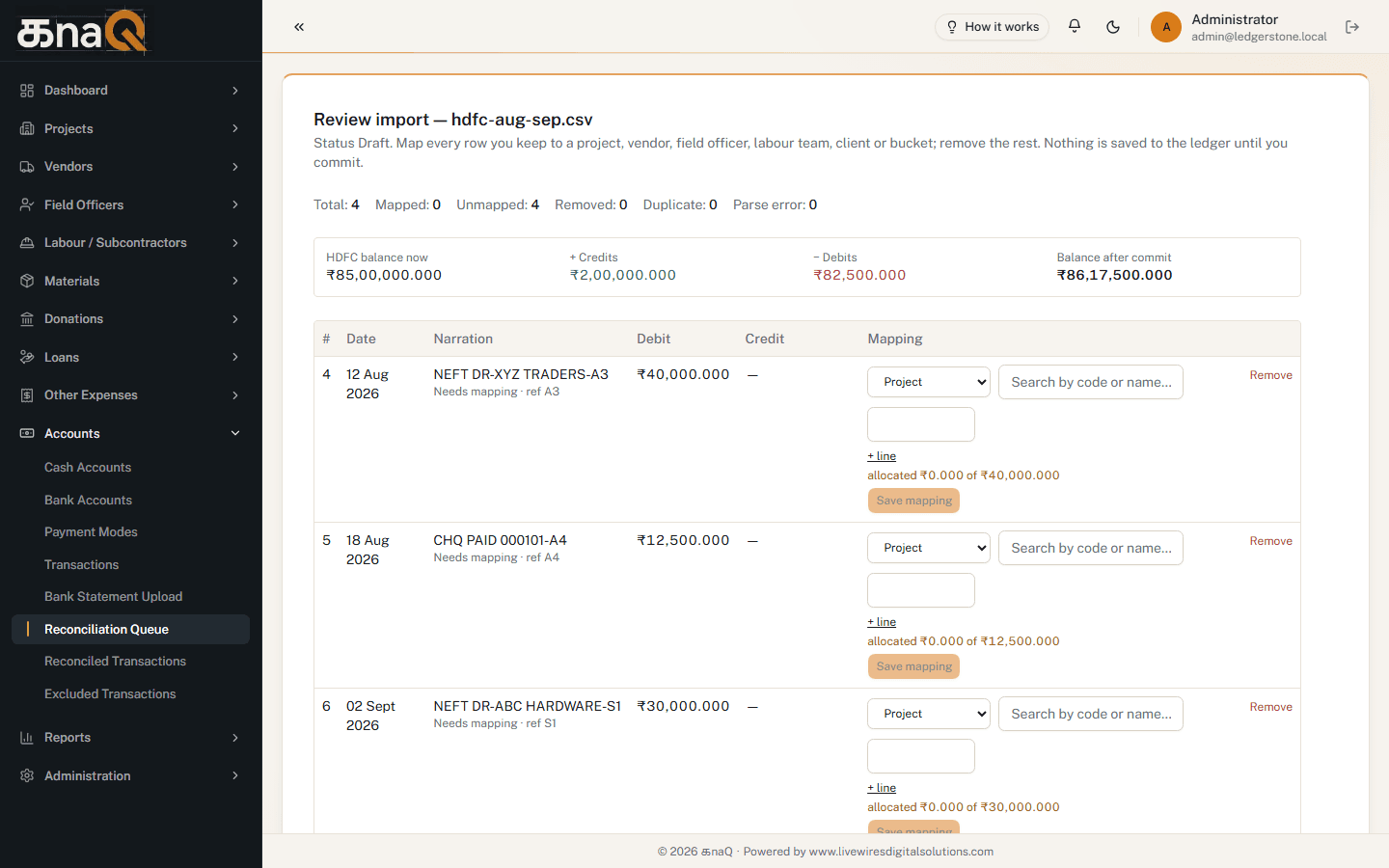 KanaQ bank statement import review