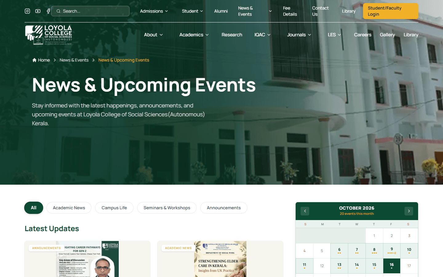 Loyola College Kerala news and events page with calendar