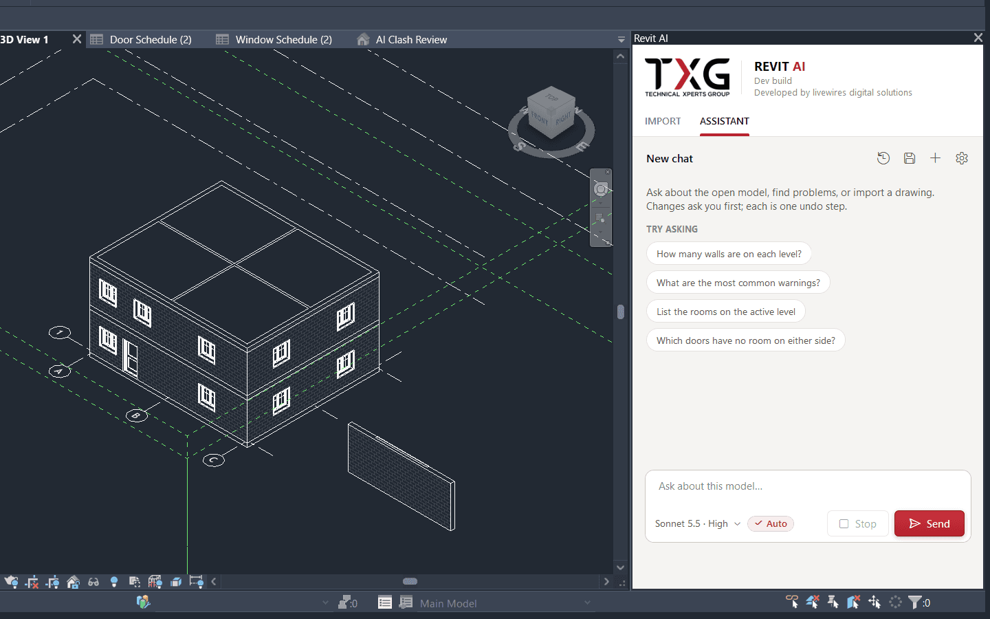 Revit AI panel, Assistant tab, chat page