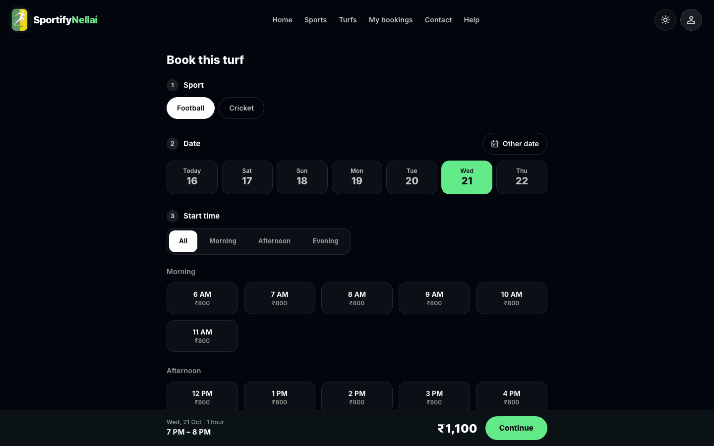 Sportify Nellai turf page with slot picker